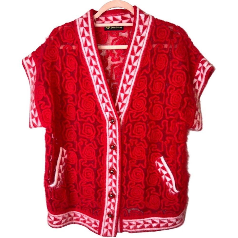 Vintage Gee Gee Red & White Angora Blend Cardigan Sweater Rose & Lace Button & P